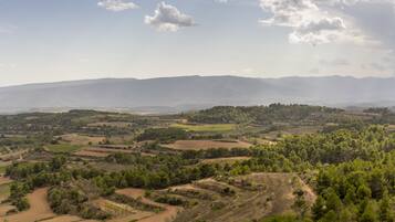 A panoramic view of a rural landscape with rolling hills, fields, and scattered trees.