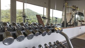 Un gimnasio con equipo de ejercicio y amplias ventanas con vistas a un área boscosa.