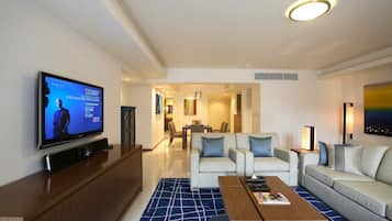 LCD TV, fireplace, DVD player