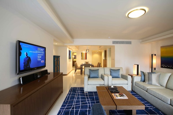 LCD TV, fireplace, DVD player