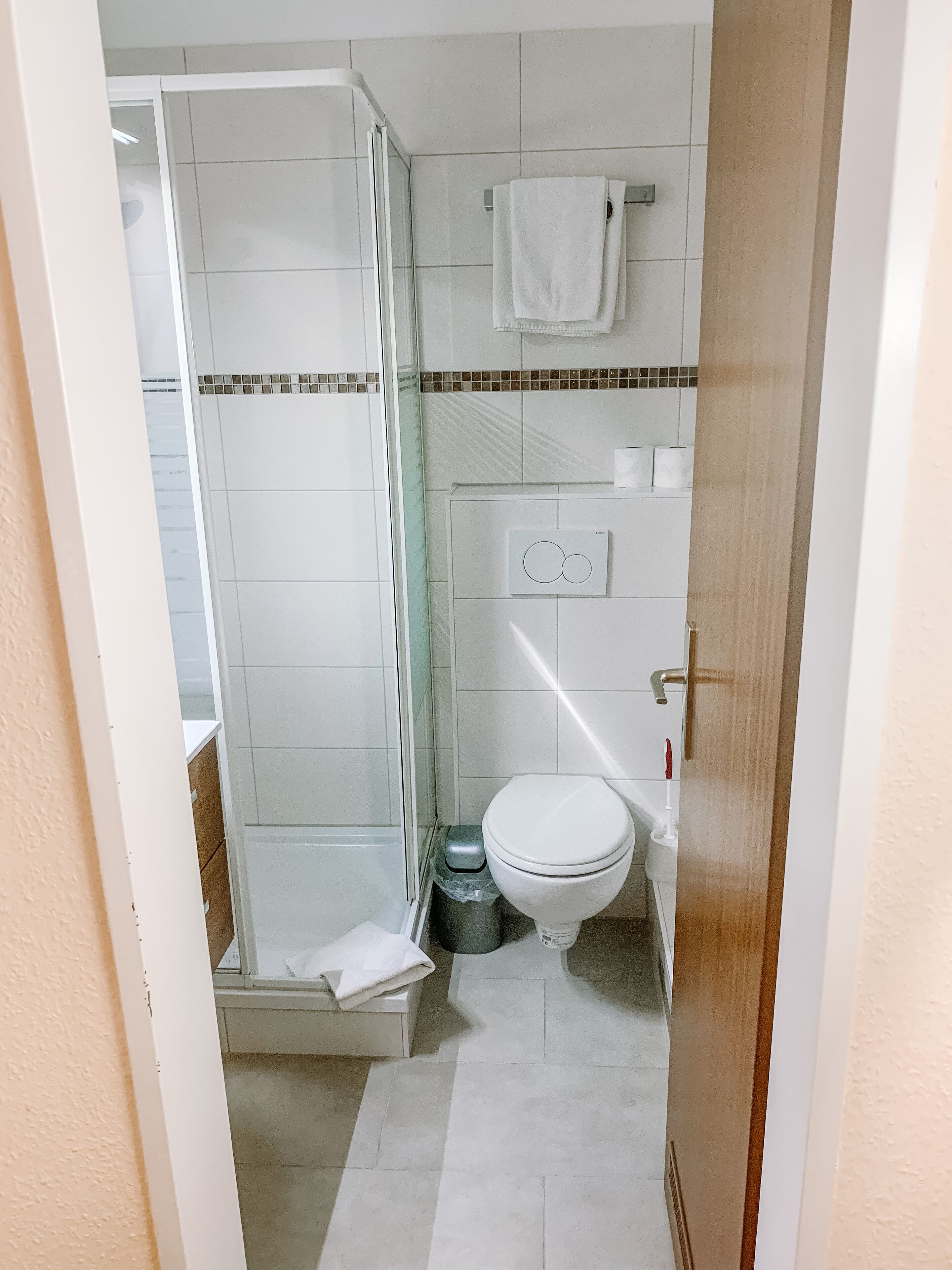 A bathroom with a glass shower enclosure, a toilet, and a trash bin.