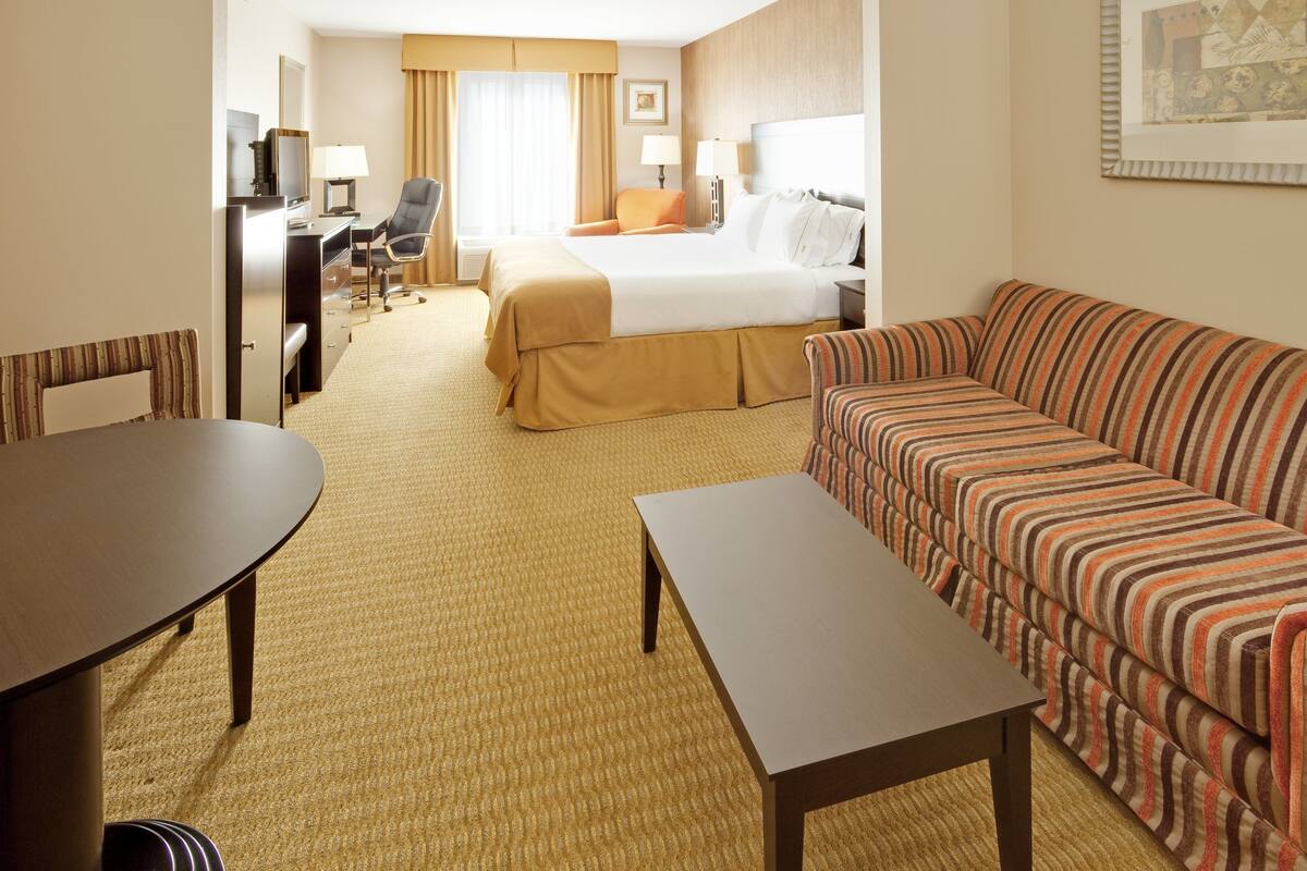 A hotel room with a bed, a sofa, a desk, and a chair.