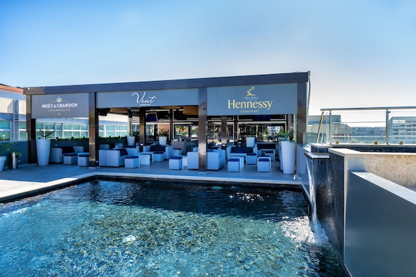 Outdoor pool, pool umbrellas, pool loungers