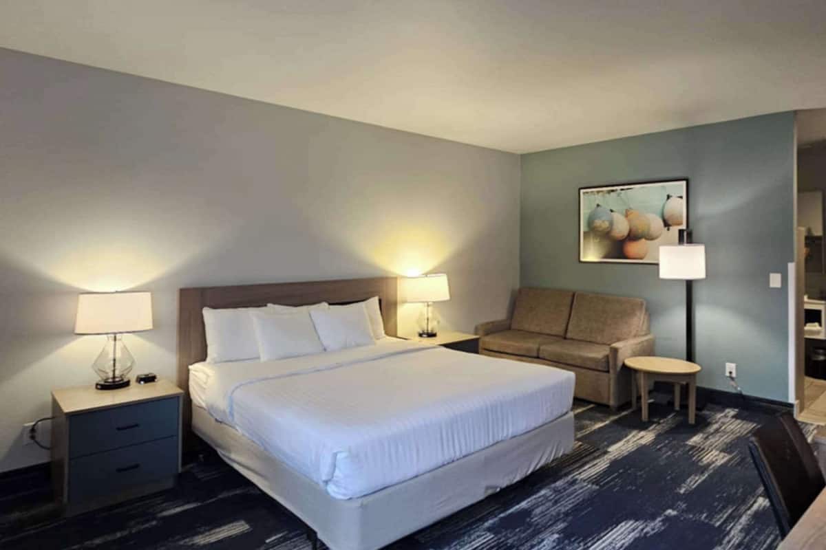 A hotel room with a large bed, two bedside tables with lamps, a sofa, a small round table, and a wall-mounted artwork.