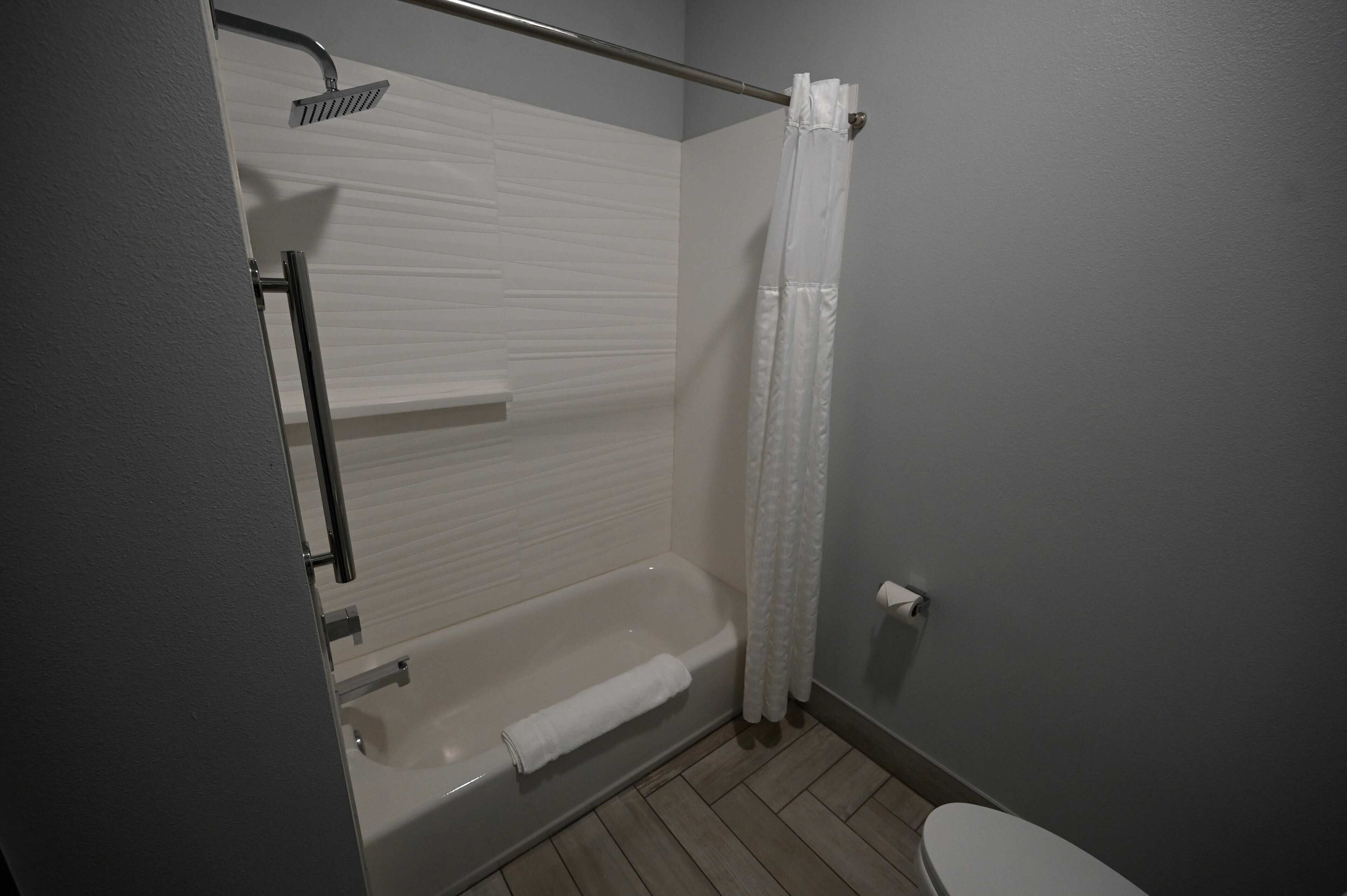 Une salle de bain avec une baignoire, une douche et des toilettes.