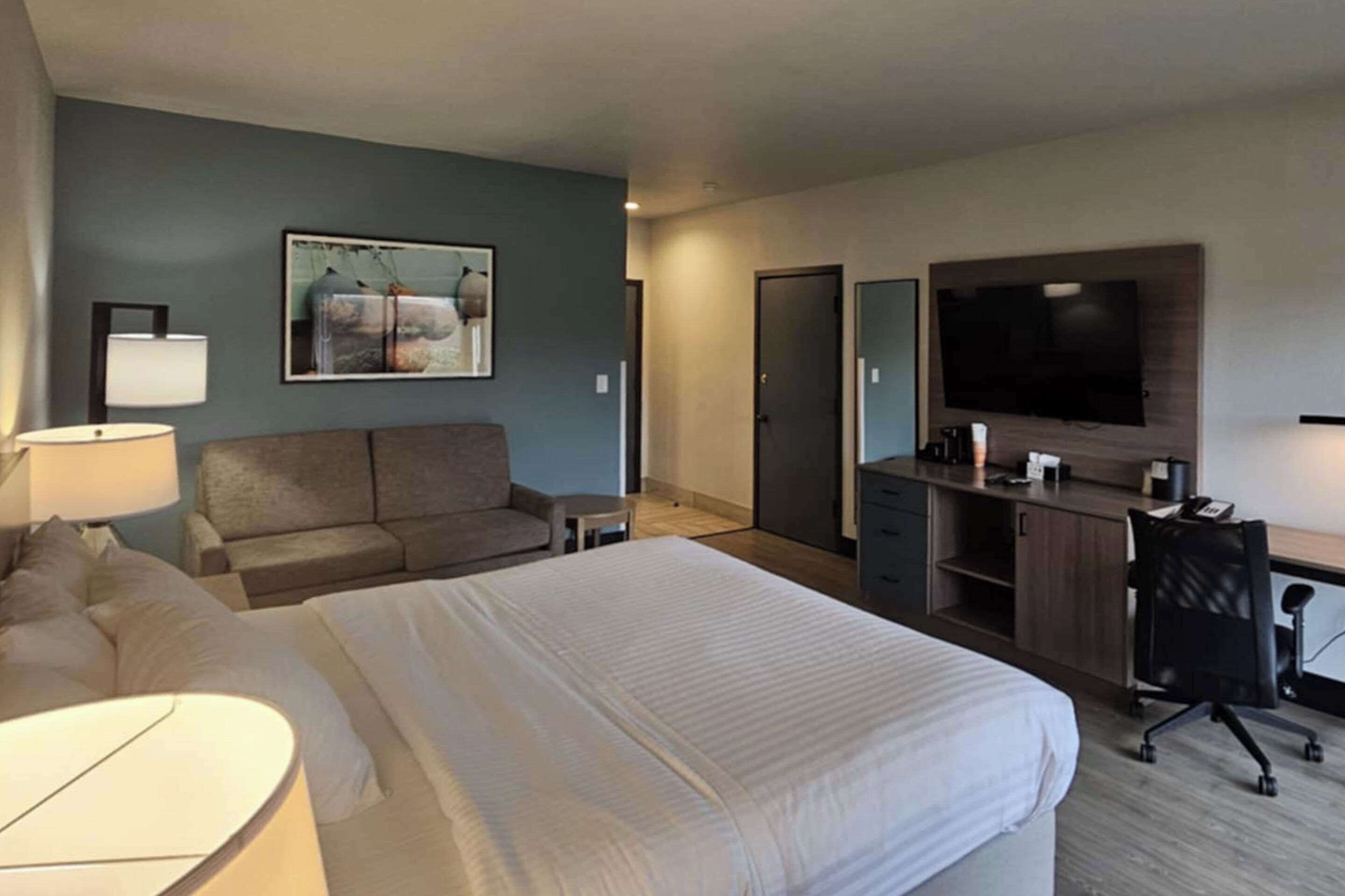 A hotel room with a large bed, a sofa, a desk with a chair, a TV mounted on the wall, and a framed picture on the wall.