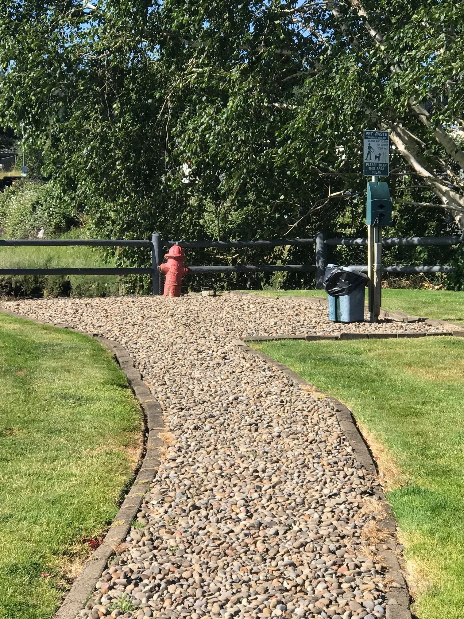 A gravel path leading to a red fire hydrant, surrounded by greenery and a metal fence.