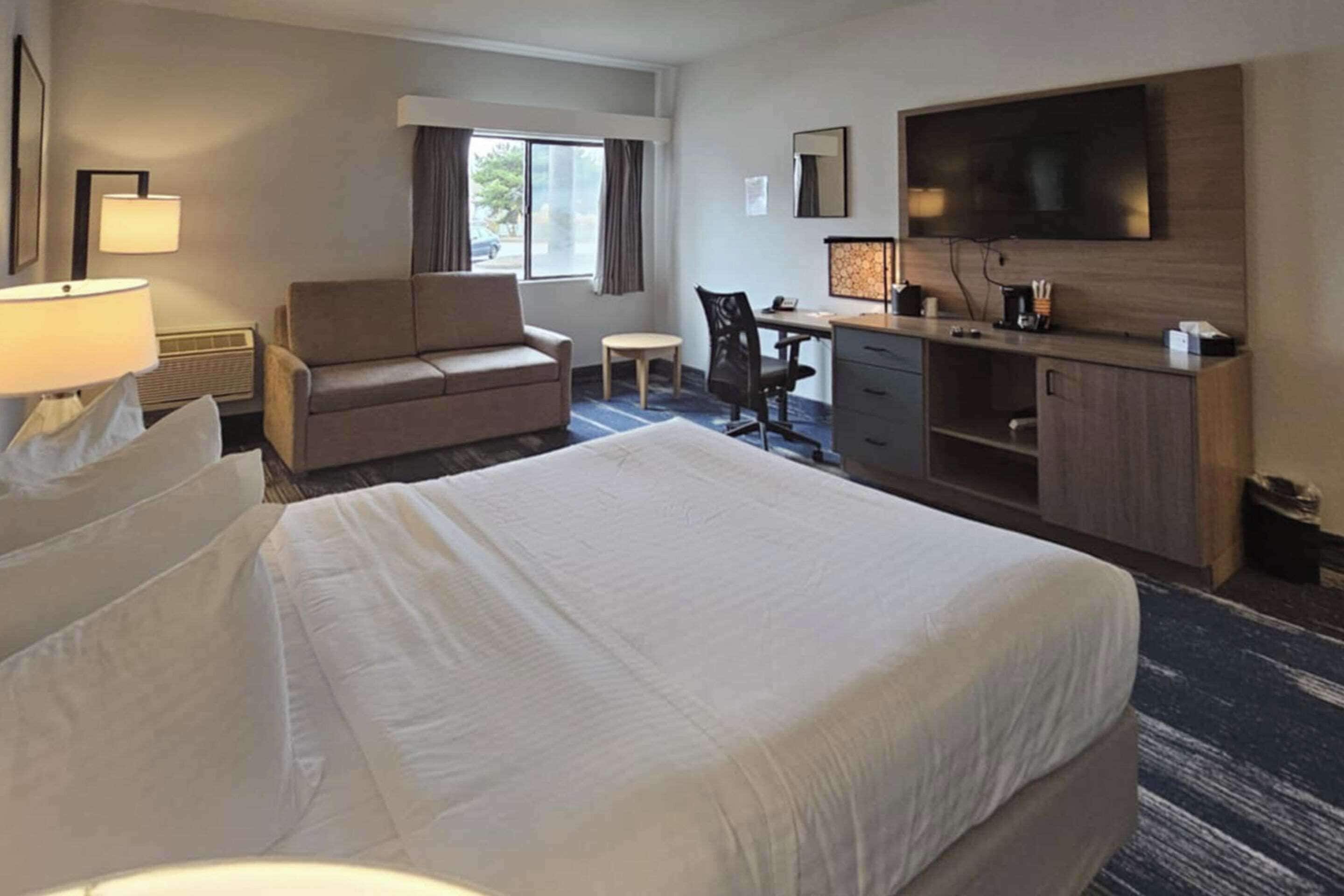 Habitación de hotel con una cama grande, un escritorio, una silla, un sofá, un televisor y una ventana.