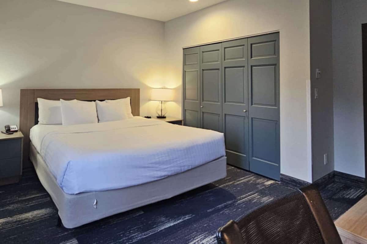 A hotel room with a large bed, a wardrobe, a nightstand with a lamp, and a chair.