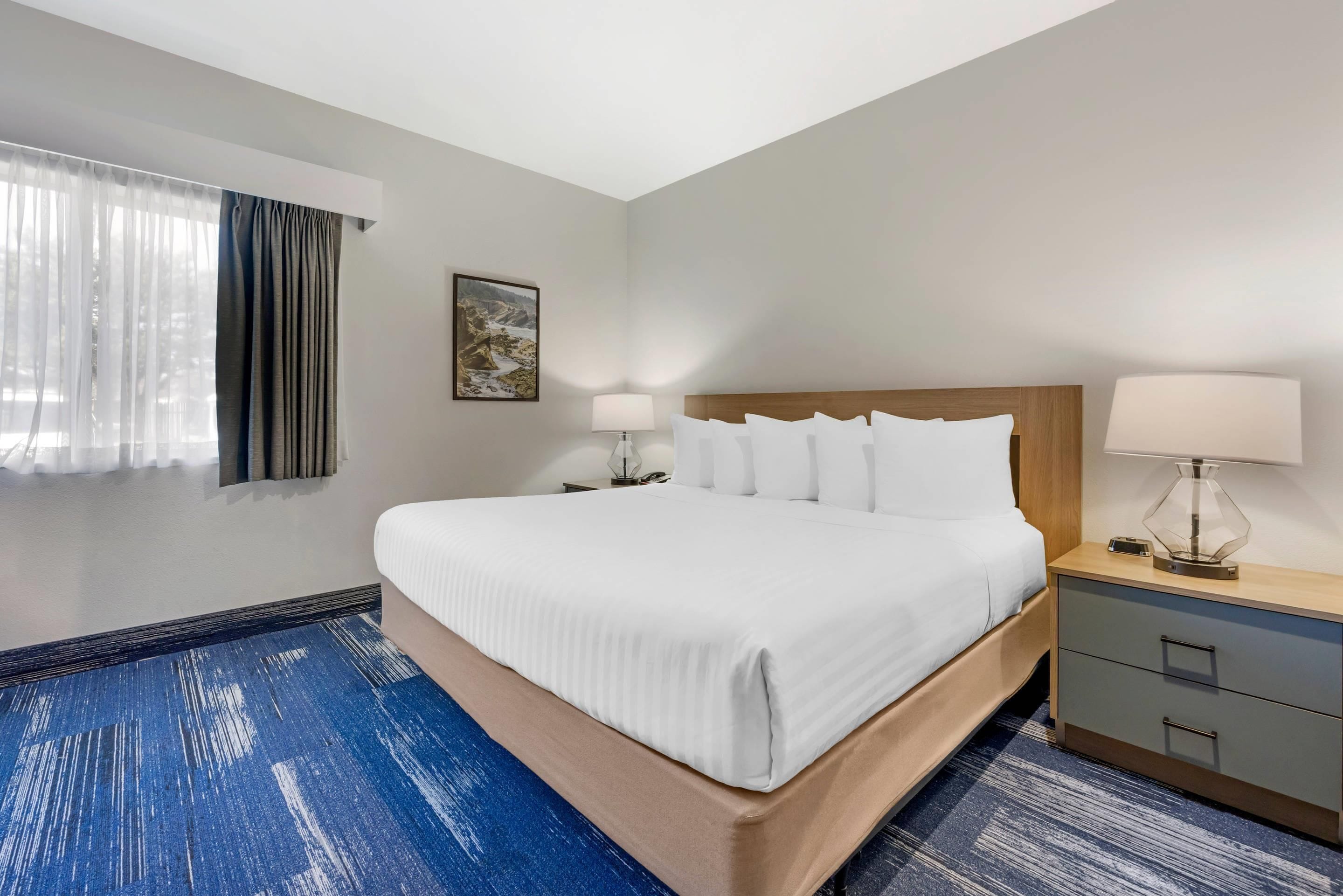 A hotel room with a large bed, a nightstand with a lamp, a painting on the wall, and a window with curtains.