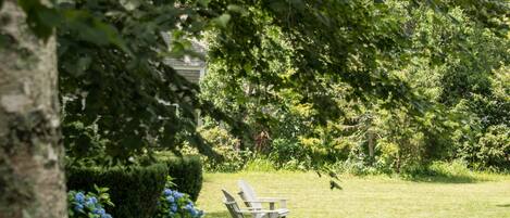 A grassy lawn with a white Adirondack chair and a hedge of blue flowers.