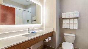 A modern bathroom with a large mirror, a sink with a wooden vanity, a toilet, and a towel rack with towels.
