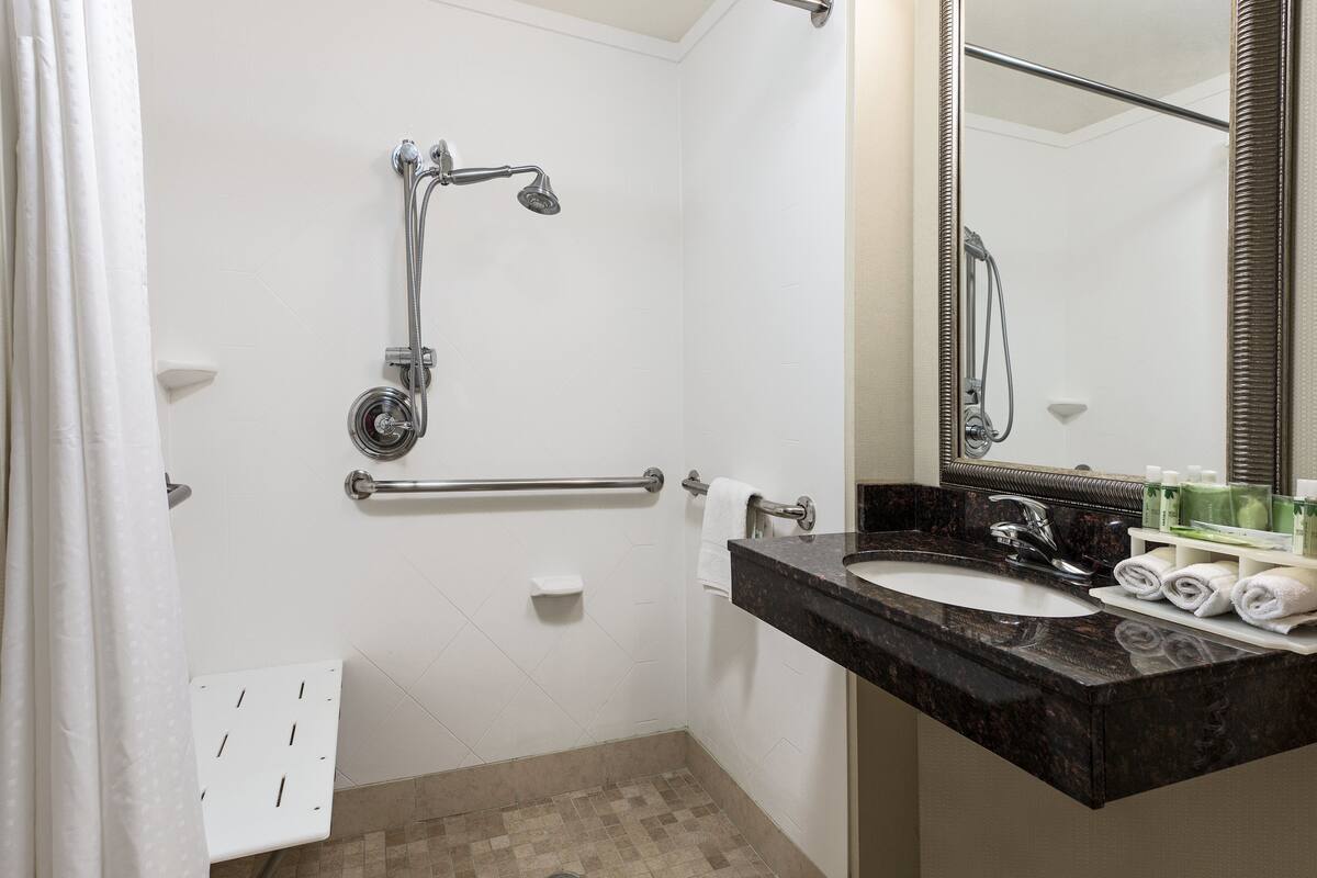 A bathroom with a shower, grab bar, sink, and a mirror.
