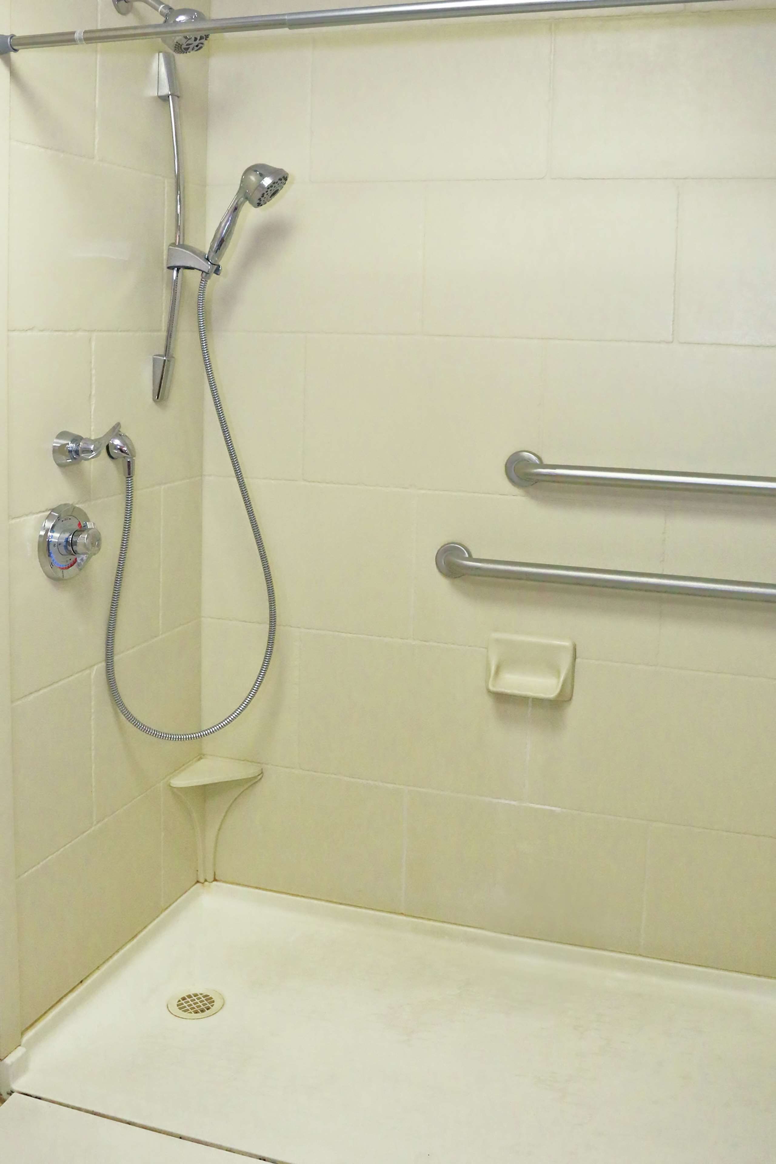 Un espace douche équipé d’un pommeau de douche à main, d’un robinet mural et d’un flexible de douche. Deux barres d’appui sont fixées au mur pour faciliter le maintien.