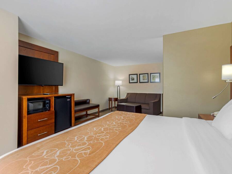 A hotel room with a bed, a desk with a flat-screen TV, a microwave, a refrigerator, a sofa, and a lamp.