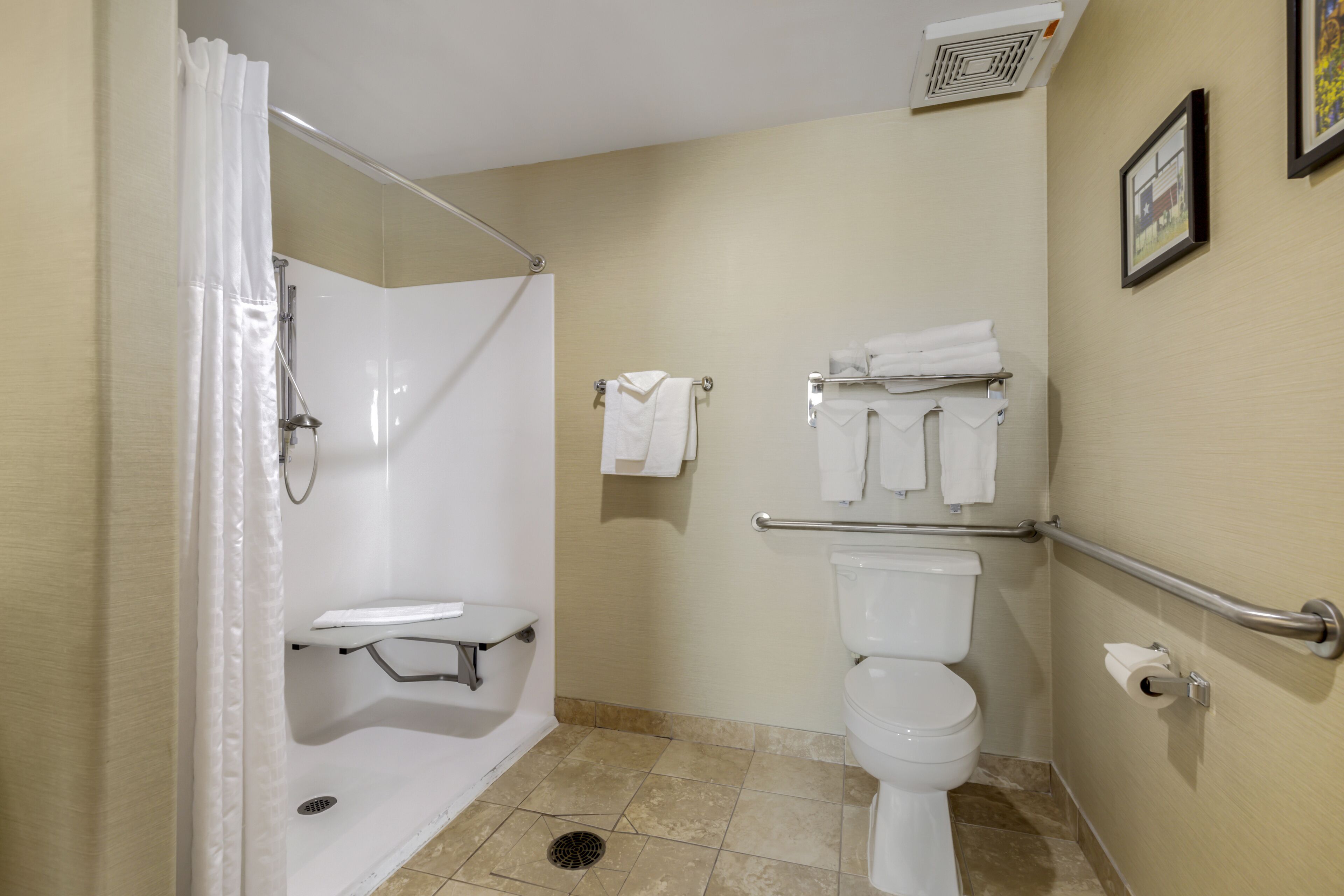 combined shower/bathtub, free toiletries, hair dryer, towels