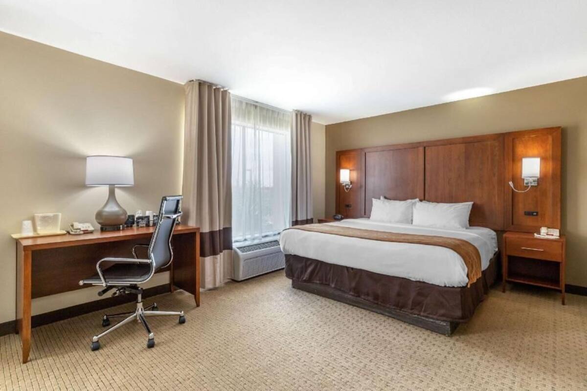 A hotel room with a bed, desk, chair, lamp, and nightstand.