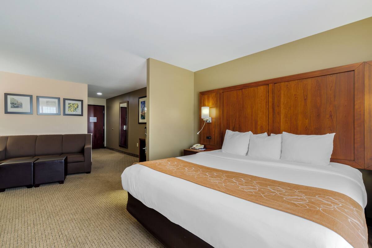 A hotel room with a large bed, a sofa, a desk, and a nightstand.