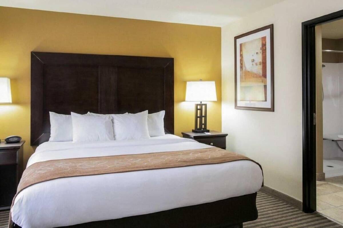 A hotel room with a large bed, two bedside lamps, a framed picture on the wall, and a door leading to a bathroom.
