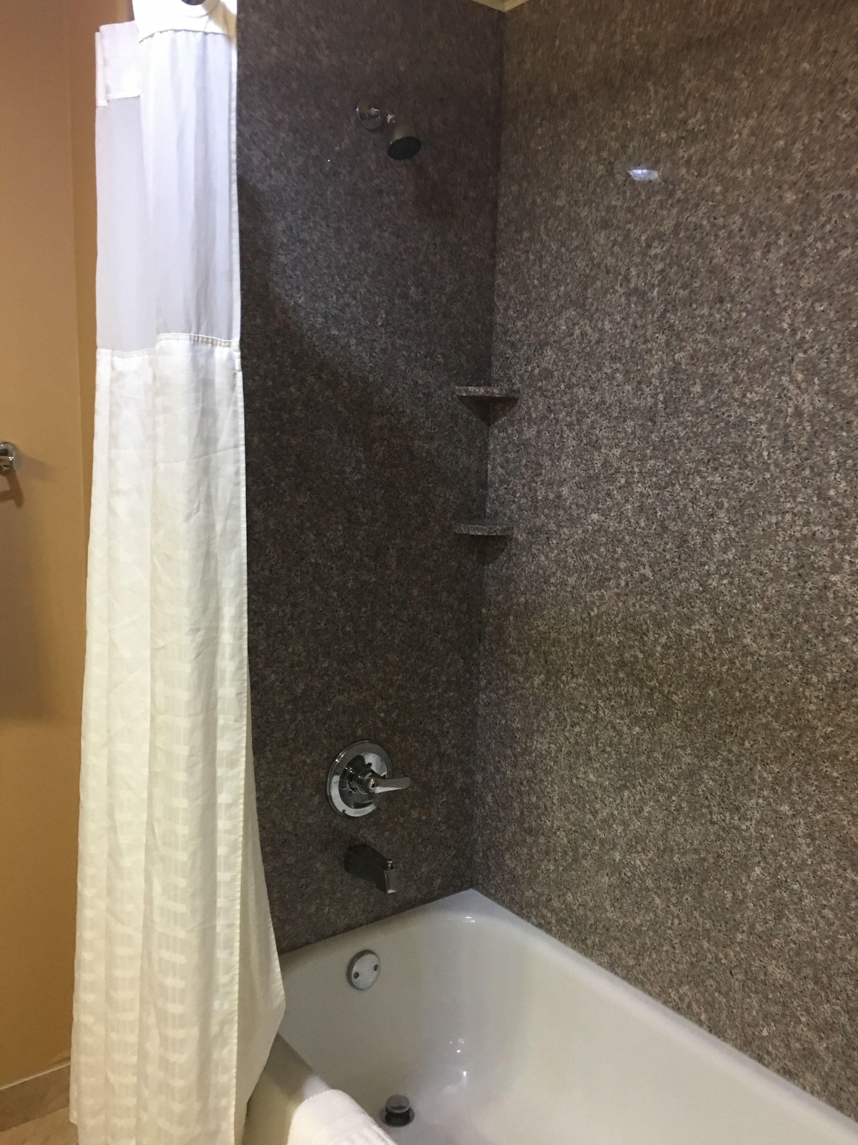 combined shower/bathtub, free toiletries, hair dryer, towels