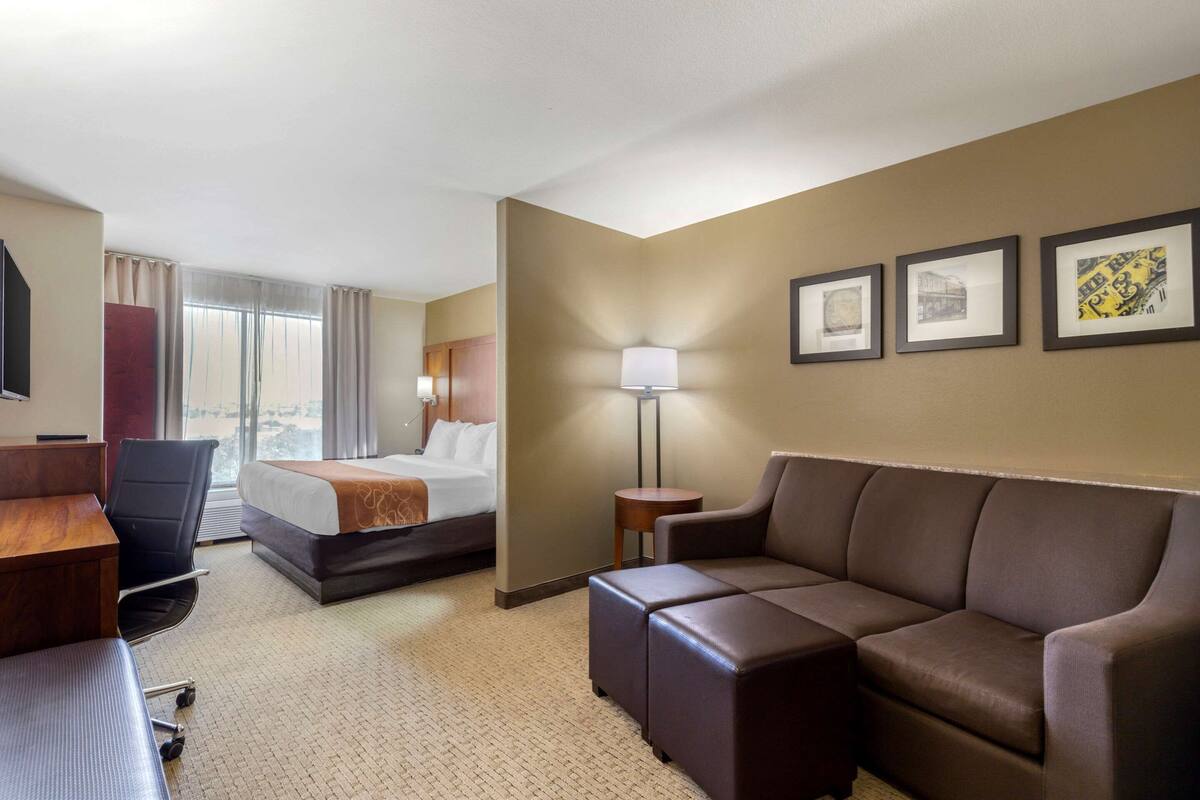 A hotel room with a bed, a sofa, a desk, a chair, a lamp, and framed pictures on the wall.