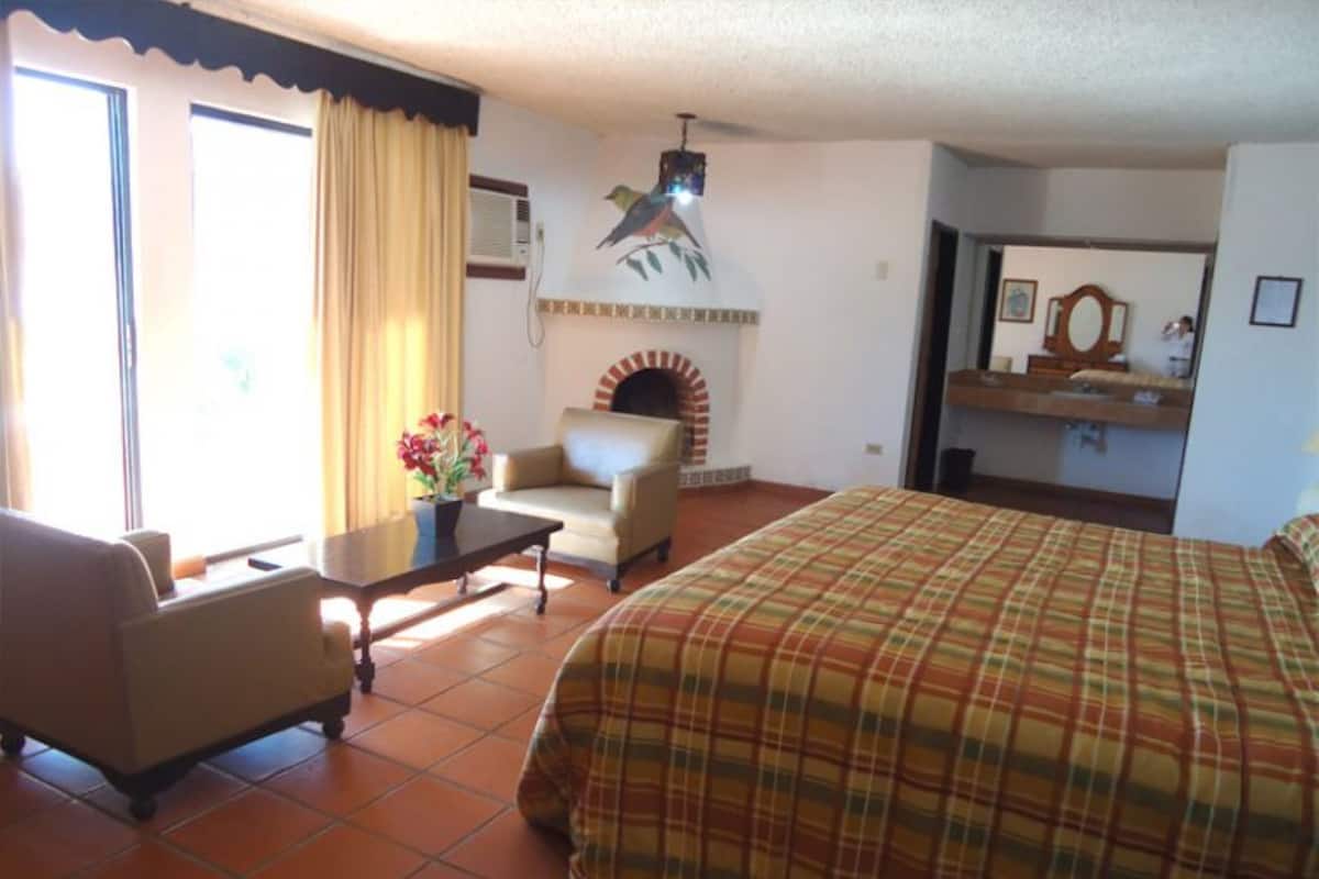 Una habitación de hotel con cama, una silla, una mesa, chimenea y ventana con cortinas.