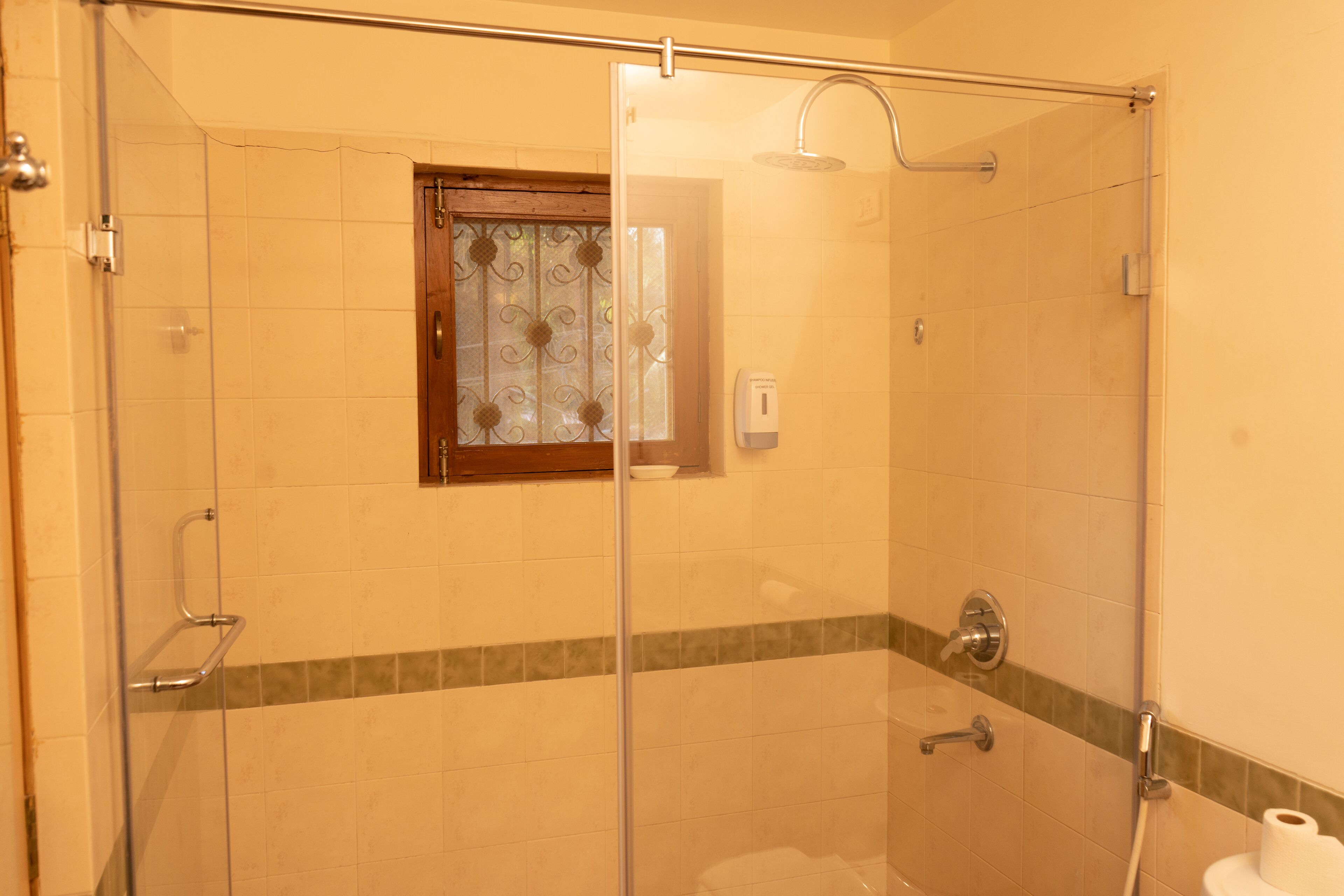 A glass-enclosed shower with a window, a towel rack, and a toilet paper holder.