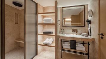 Shower, free toiletries, slippers, towels
