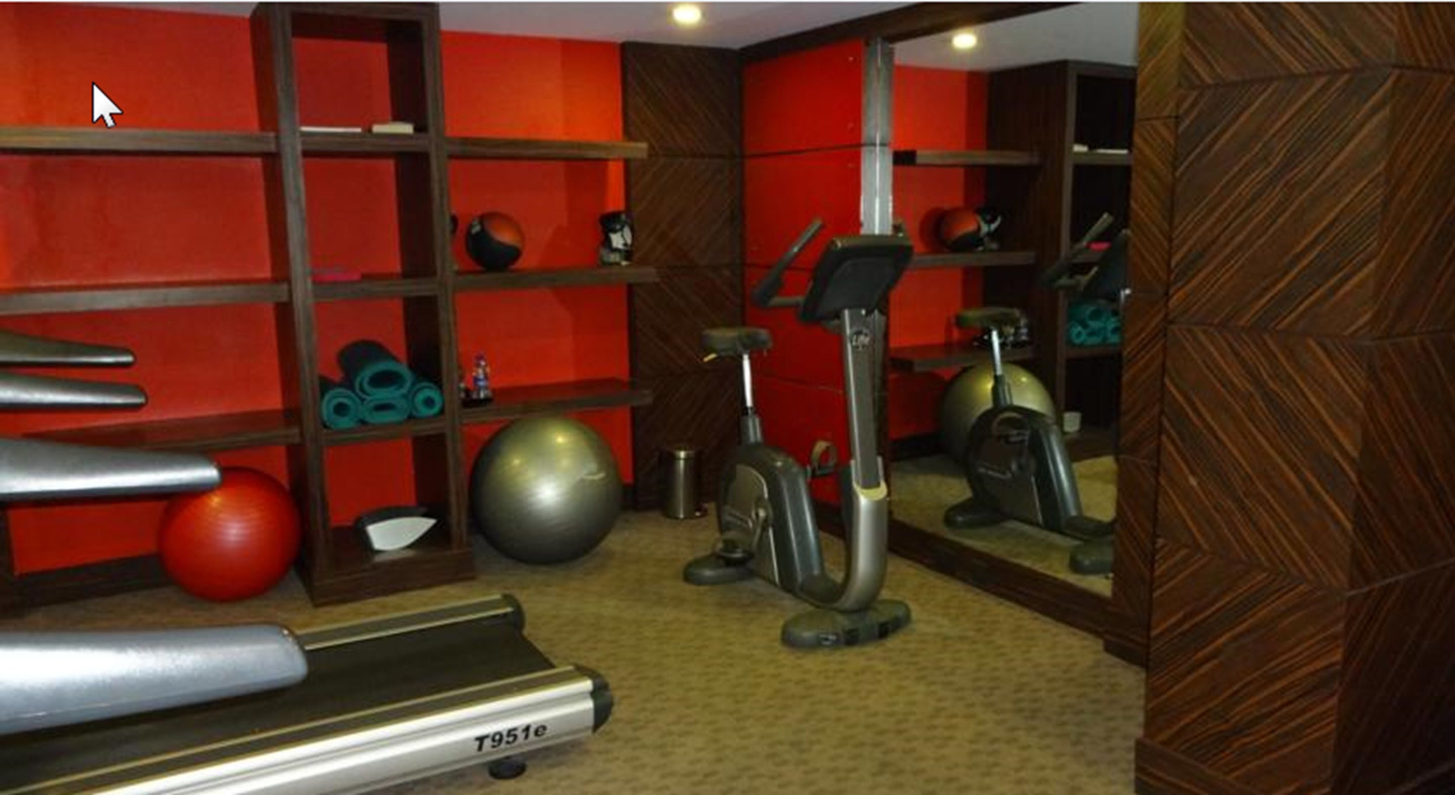 Un gimnasio con cinta de correr, bicicleta estática y diverso equipamiento de fitness.