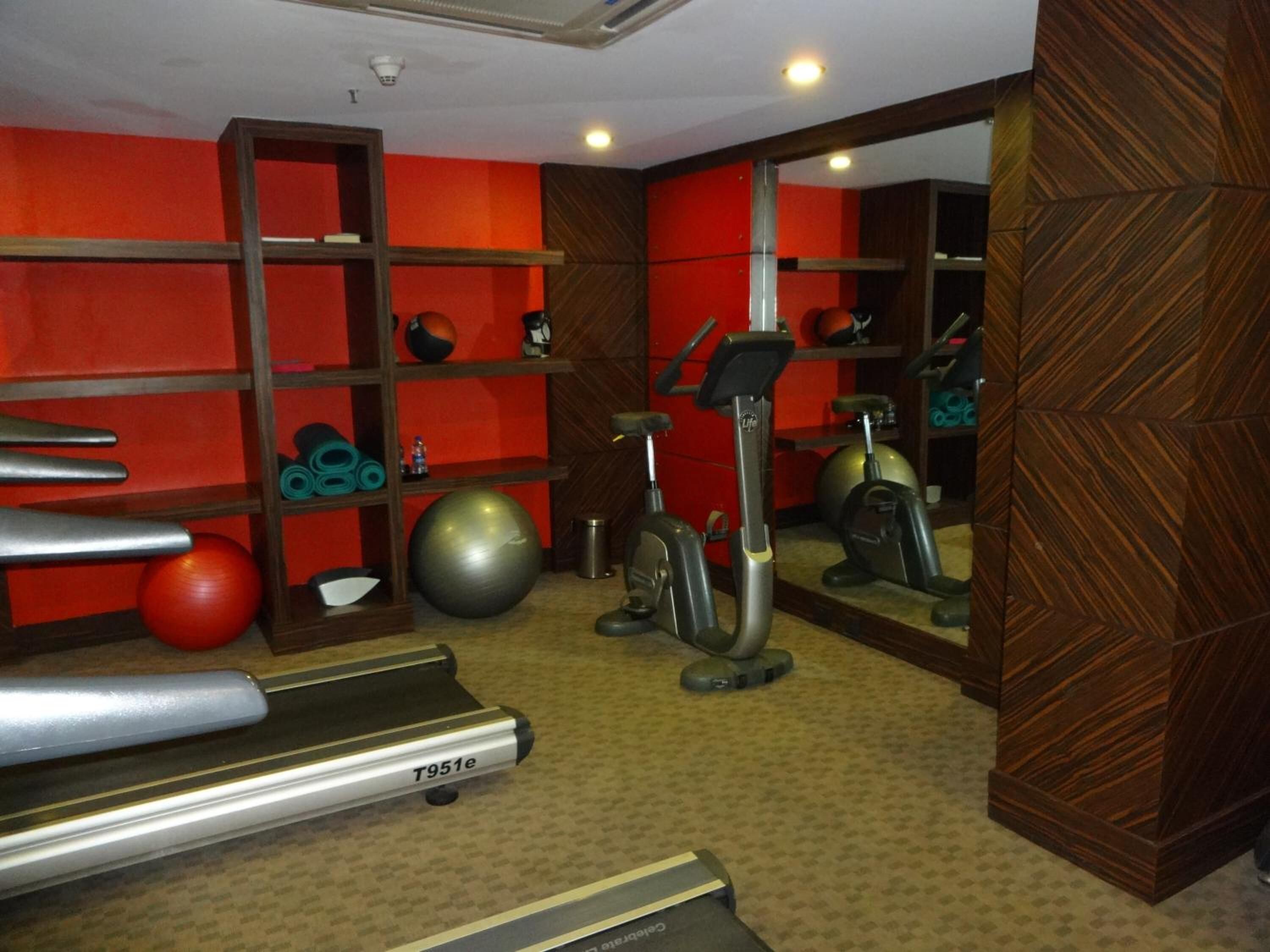 A gym with a treadmill, exercise balls, and an elliptical machine.