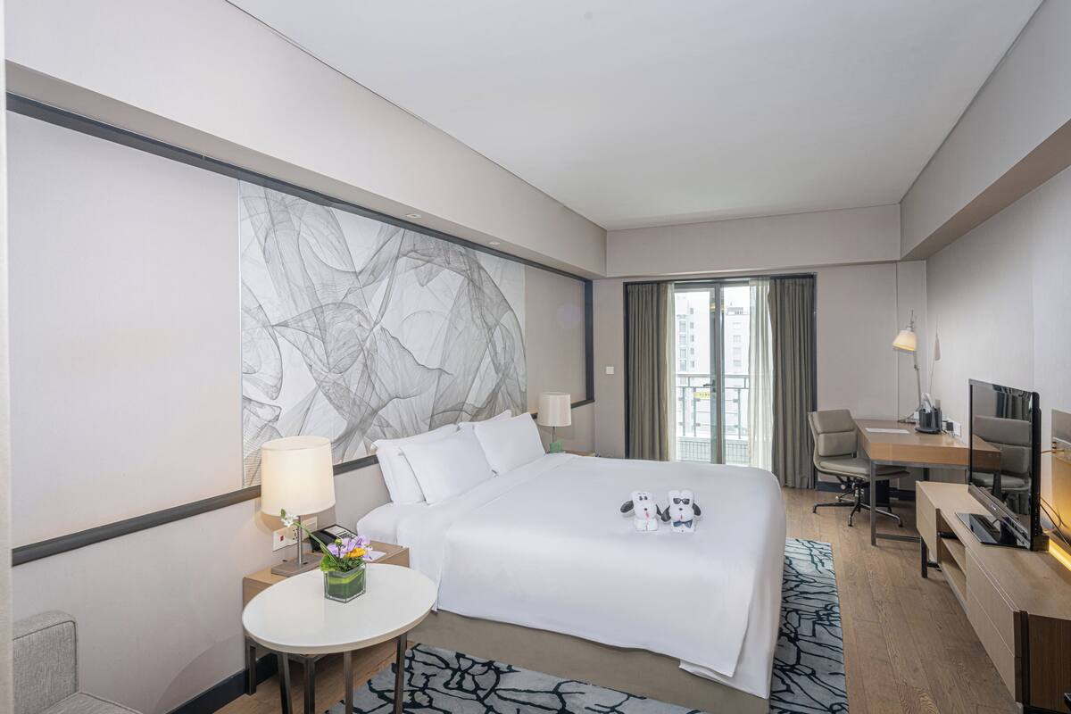 Hotelkamer met een groot bed, een bureau met stoel, een televisie en uitzicht op de stad.