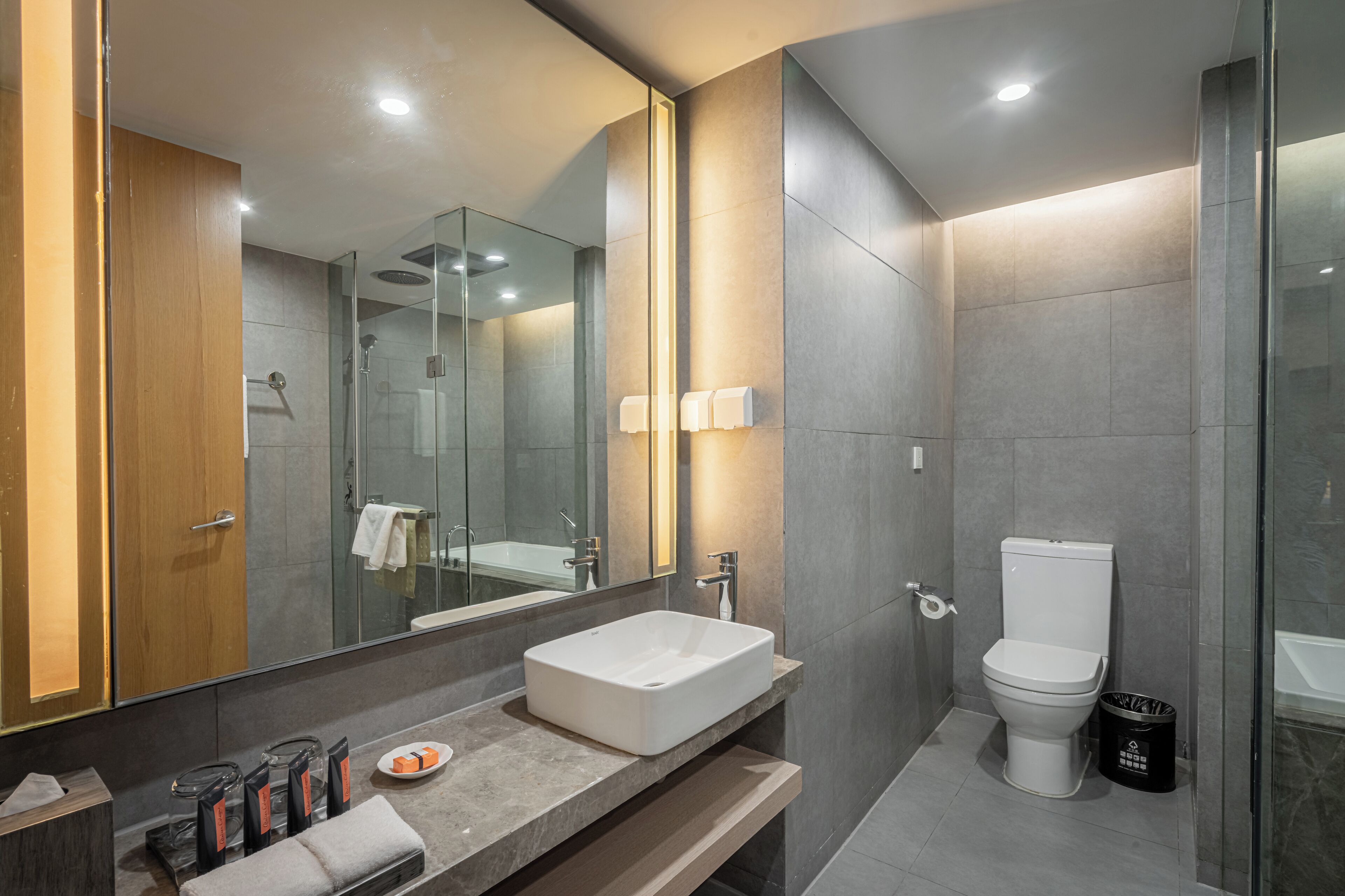 A modern bathroom with a large mirror, a rectangular sink, a toilet, and a glass-enclosed shower area.