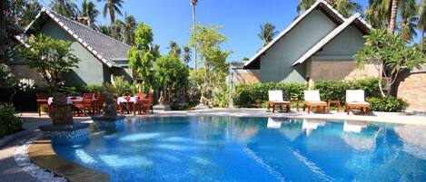 Outdoor pool, pool umbrellas, pool loungers