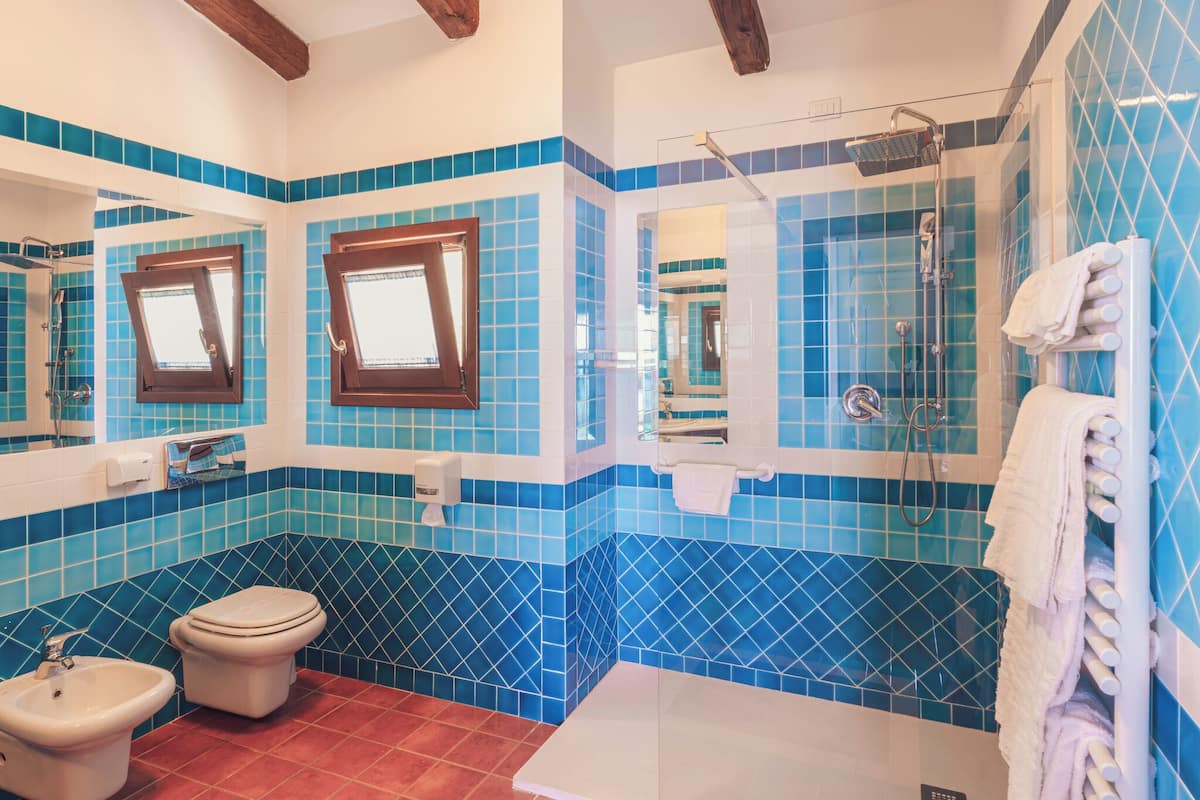 deluxe double room | bathroom | shower, rainfall showerhead, free toiletries, hair dryer