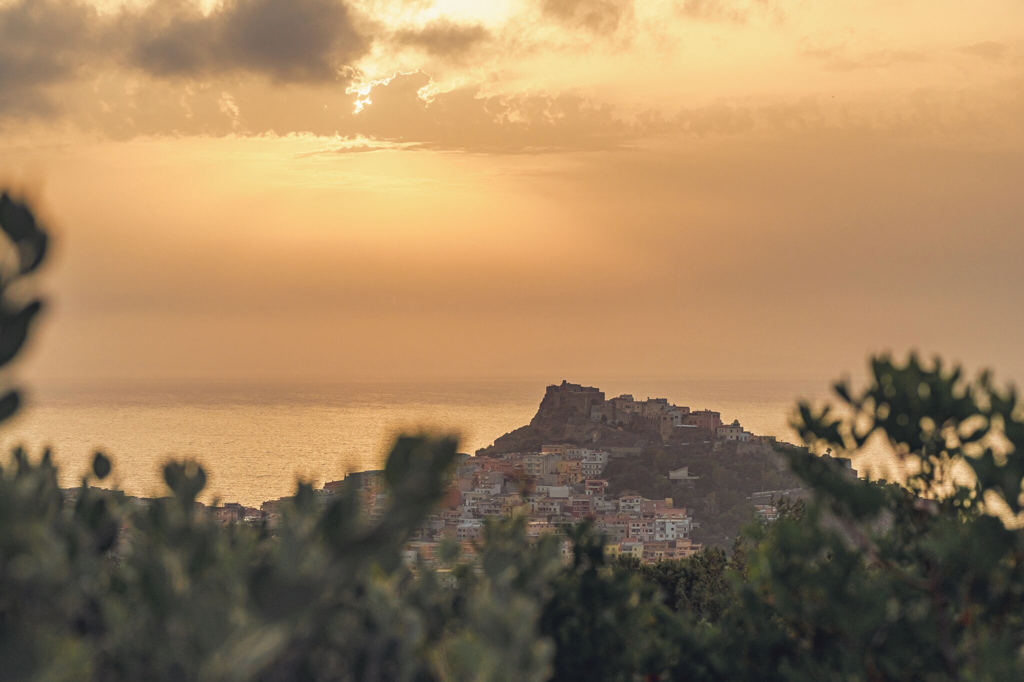 A coastal town with a prominent hilltop fortress, surrounded by buildings, and viewed from a foreground of foliage.