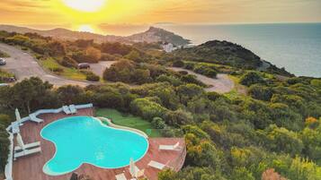 Una piscina rodeada de exuberante vegetación, un camino serpenteante y una vista al mar al atardecer.