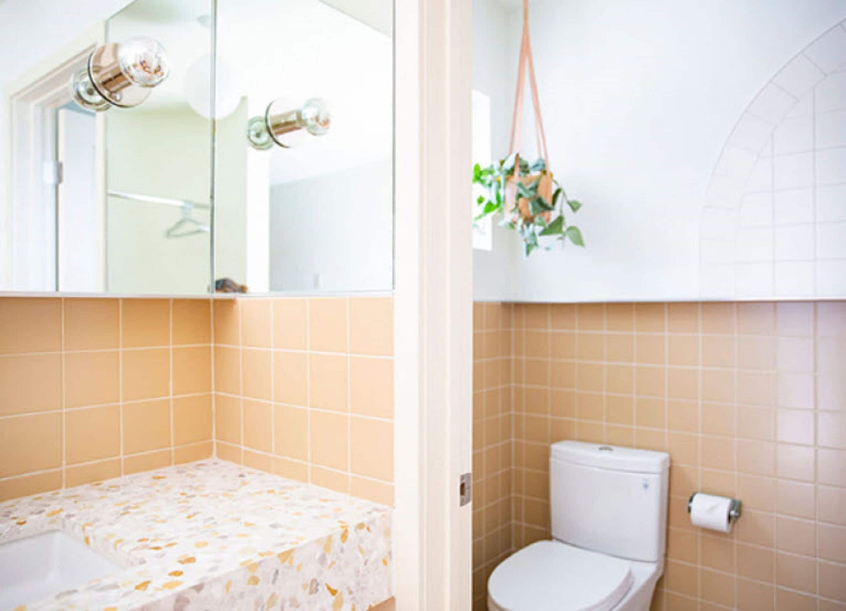 A bathroom with a toilet, a sink, and a mirror.
