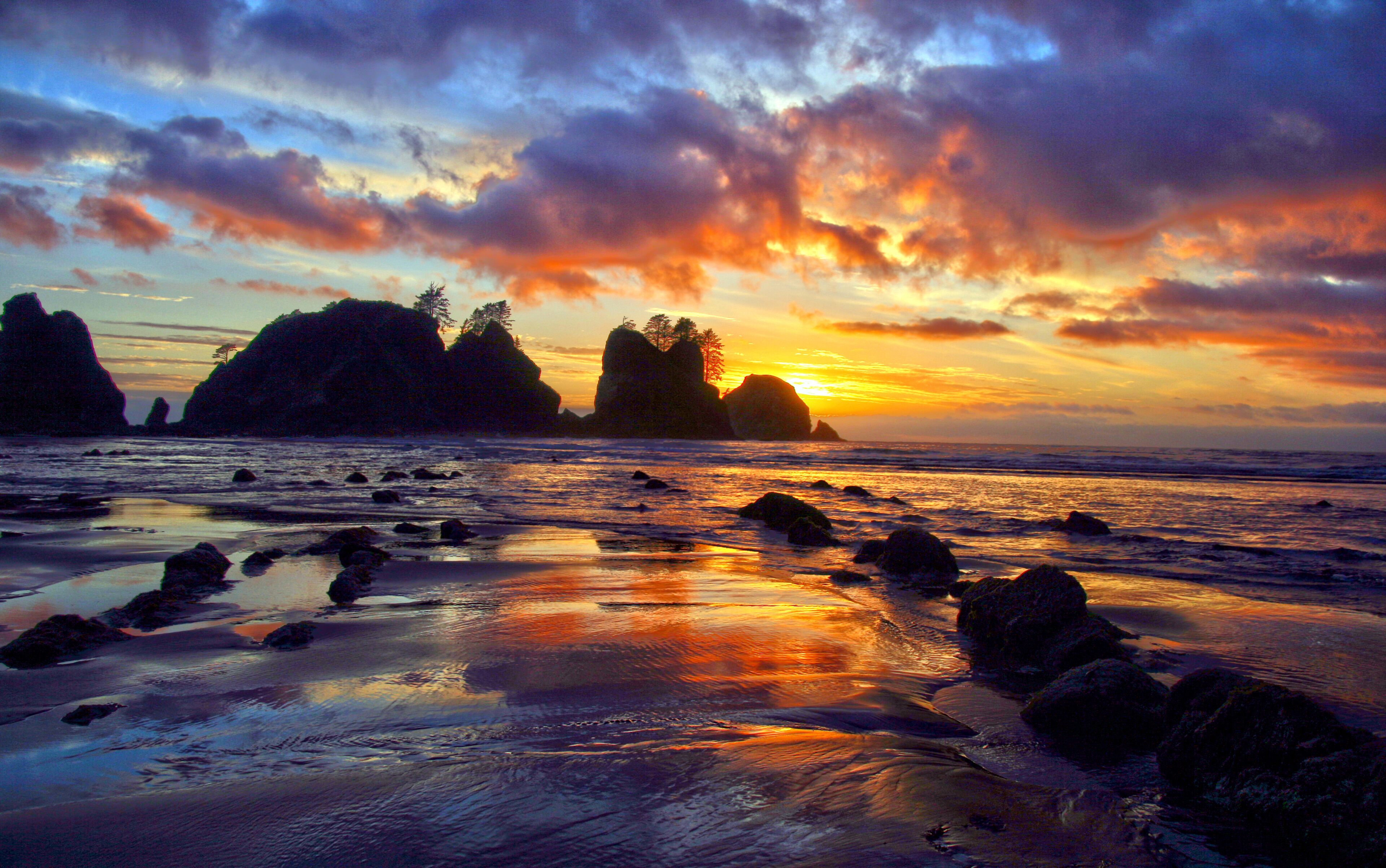 A beach with large rock formations and trees silhouetted against a sunset.