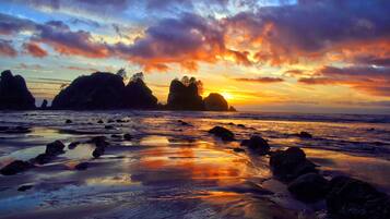 A beach with large rock formations and trees silhouetted against a sunset.