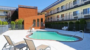 Une piscine avec des chaises longues, un petit bâtiment en briques et, au fond, un immeuble résidentiel à plusieurs étages.