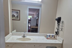 Une salle de bain équipée d’un lavabo, d’un miroir et d’un sèche-cheveux fixé au mur.