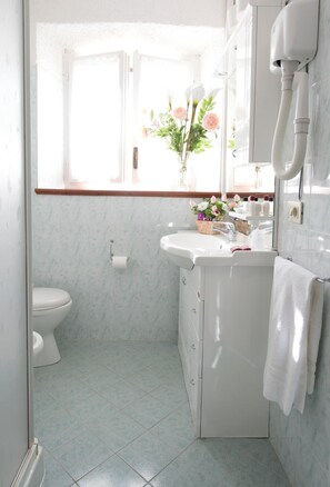 Douche, articles de toilette gratuits, bidet, serviettes fournies