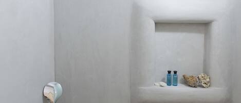 Een douche met een handdouche, een douchekop aan de muur, en een plank met toiletartikelen.