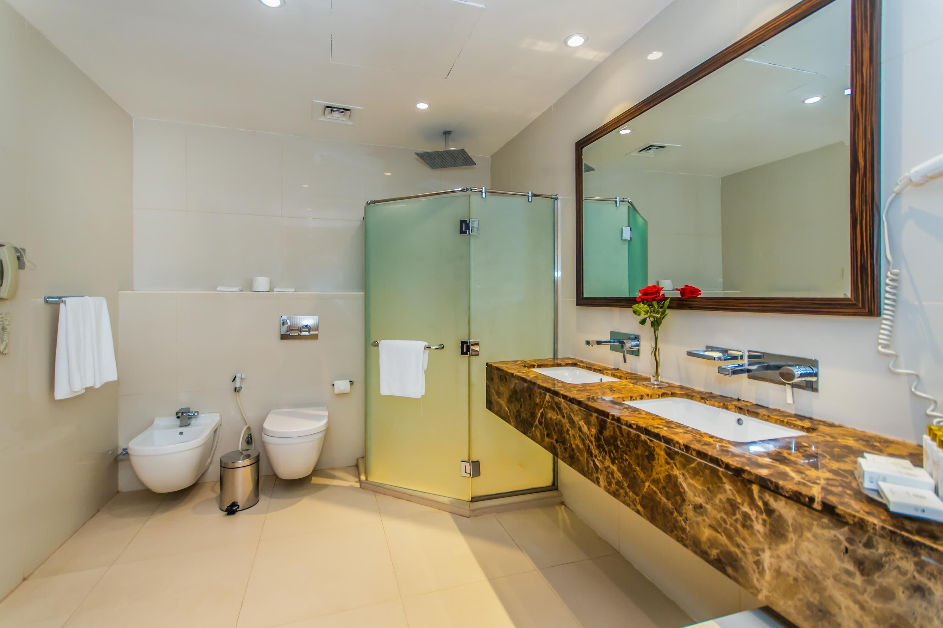 combined shower/bathtub, deep-soaking bathtub, hair dryer, bathrobes