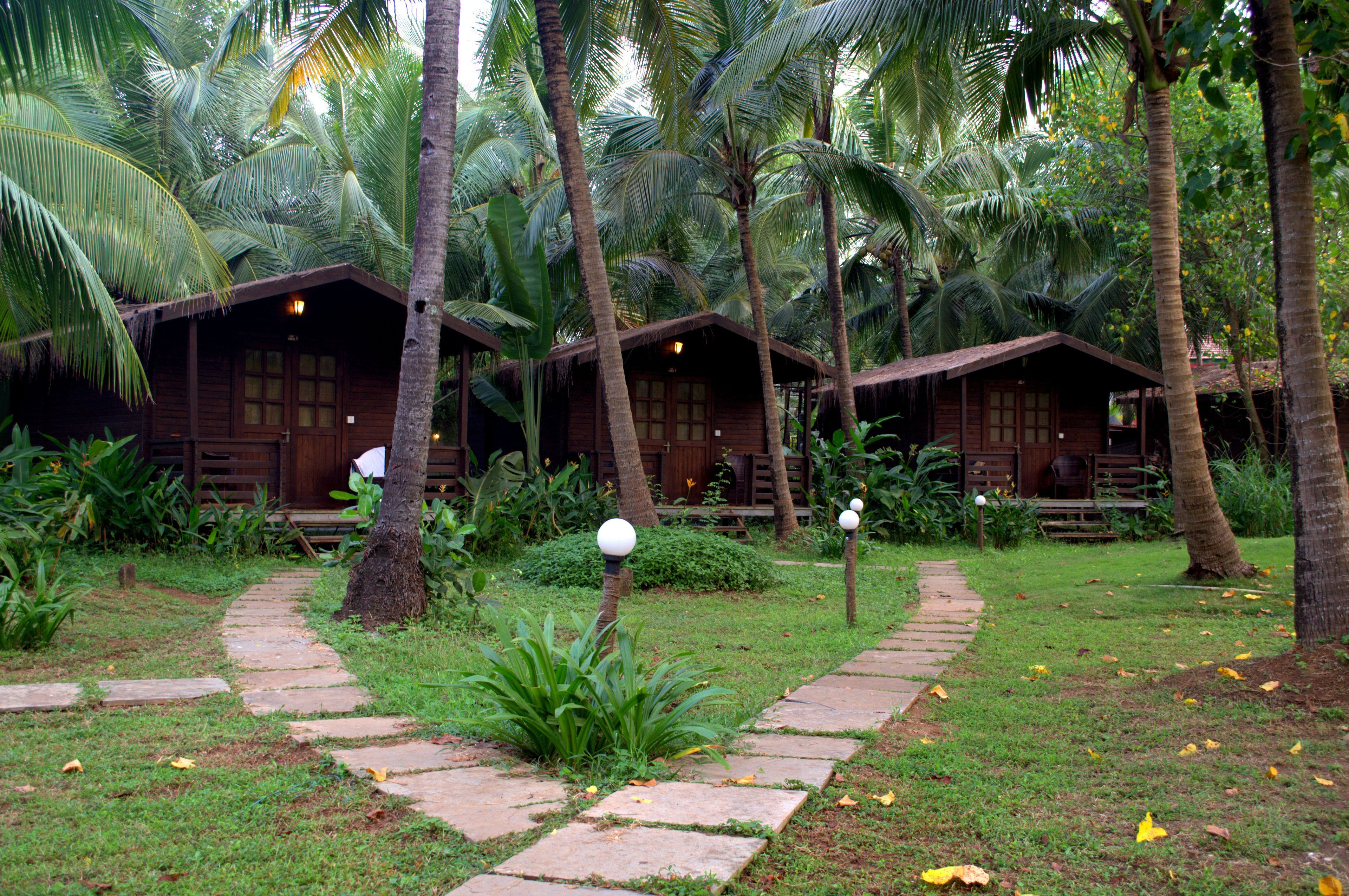 A tropical resort with wooden cabins, a stone pathway, and lush greenery.