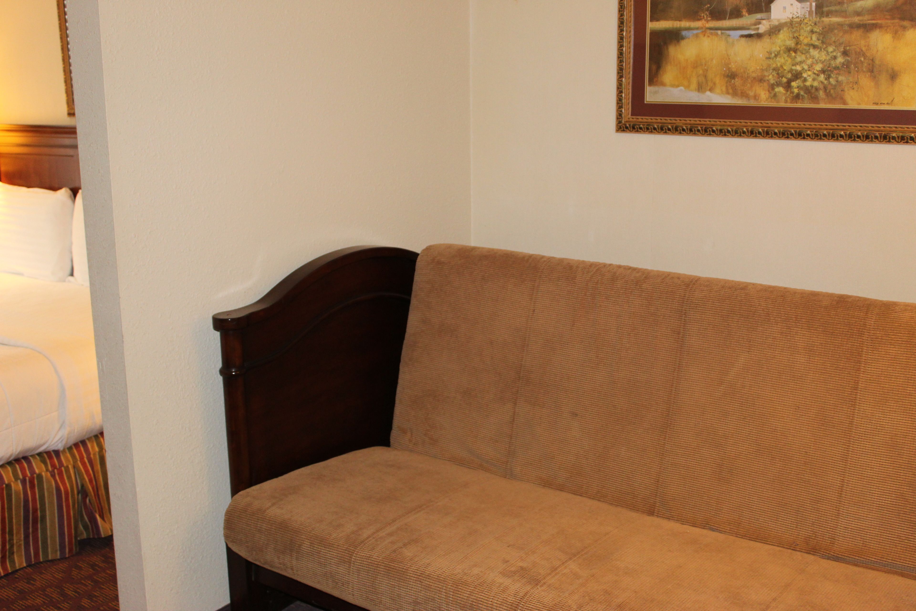 A room with a bed, a sofa, and a painting on the wall.