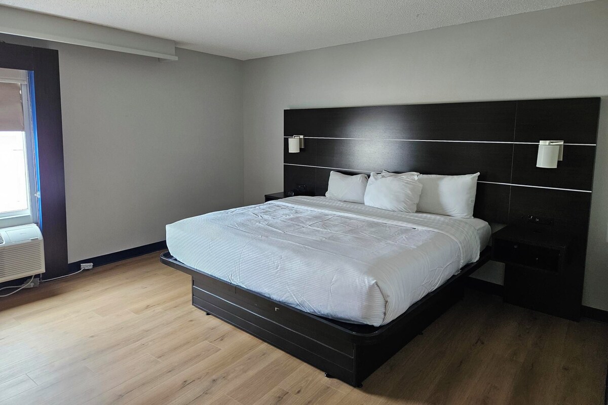 A modern bedroom with a large bed, a dark headboard, bedside lamps, and a window with blinds.