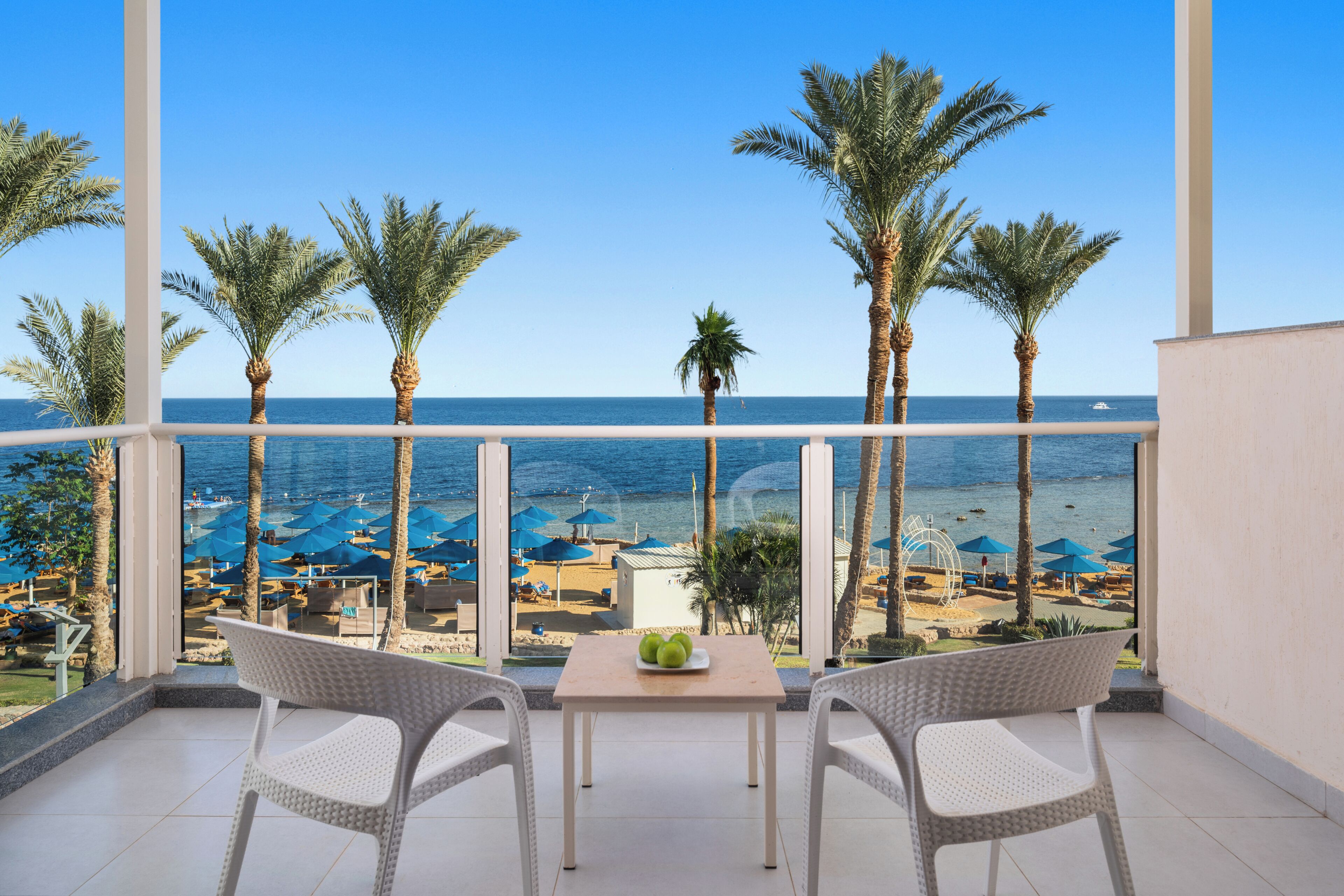 Un balcó amb vista al mar, palmeres i para-sols de platja.