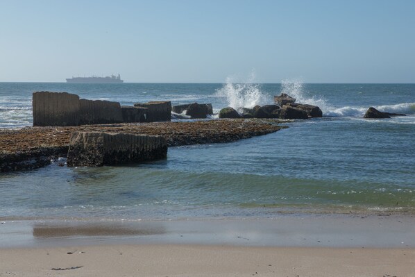 A beach with rocky breakwaters and a ship in the distance.