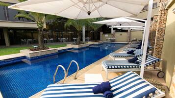Outdoor pool, pool umbrellas, pool loungers